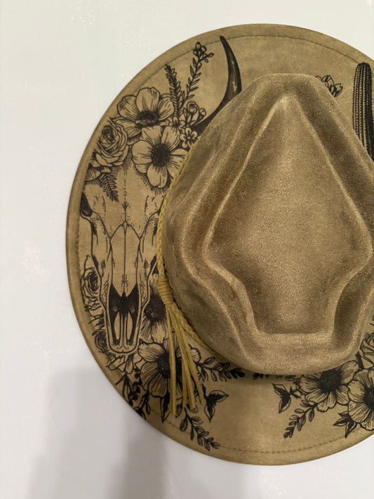 Western skull and cactus laser engraved hat.