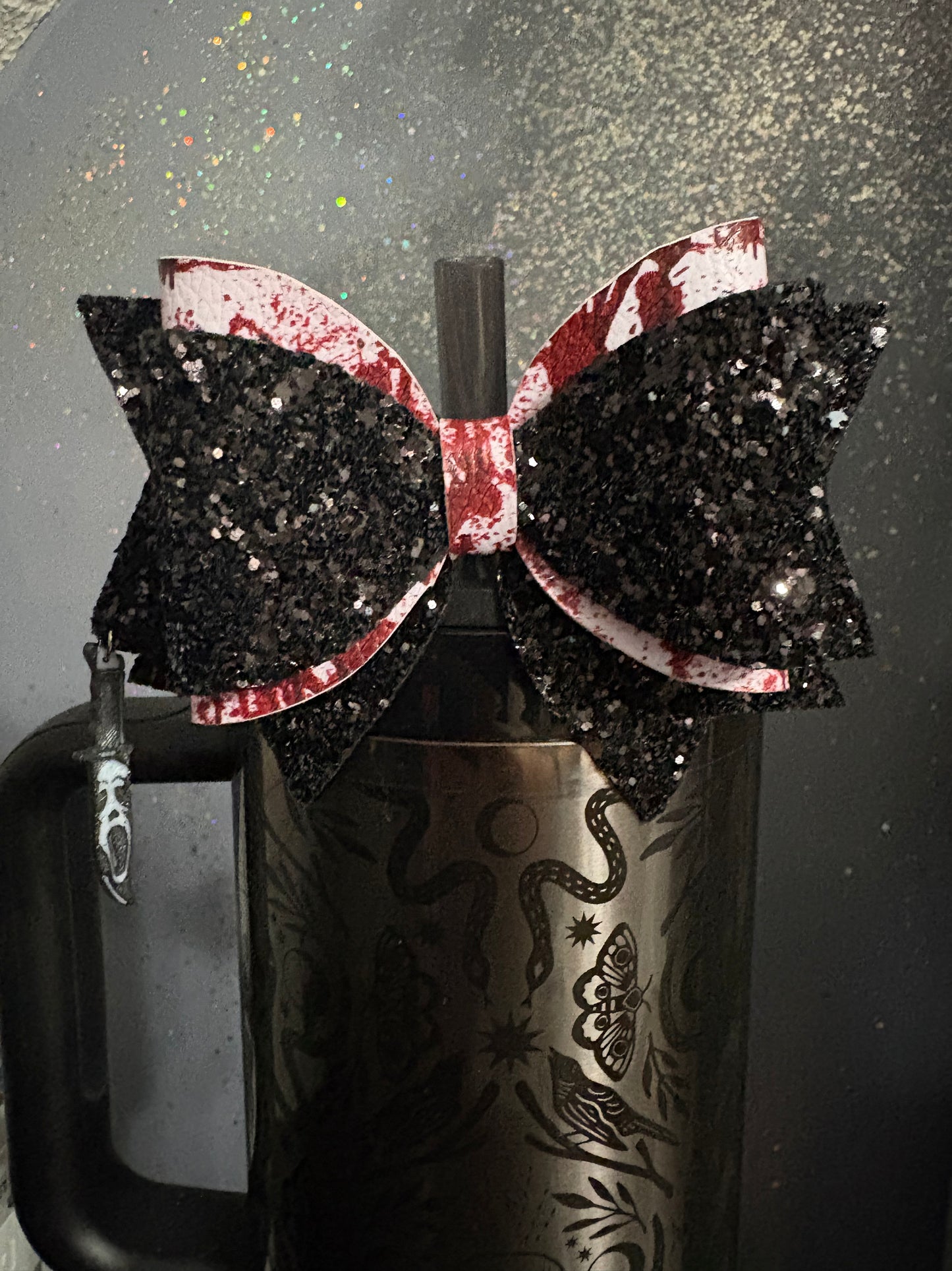Black glitter horror straw bow