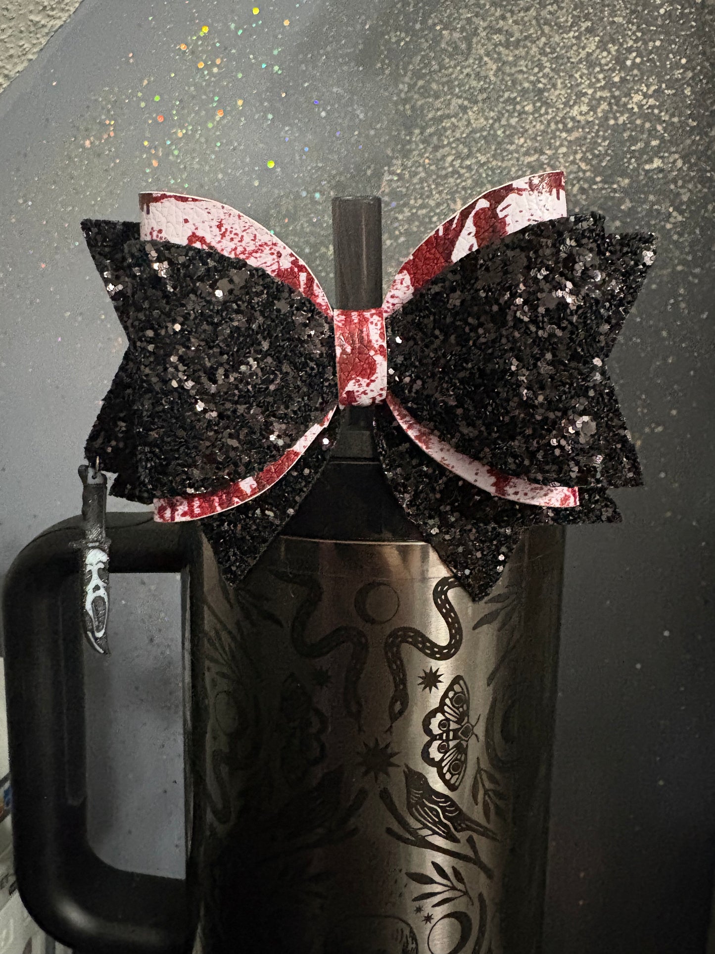 Black glitter horror straw bow