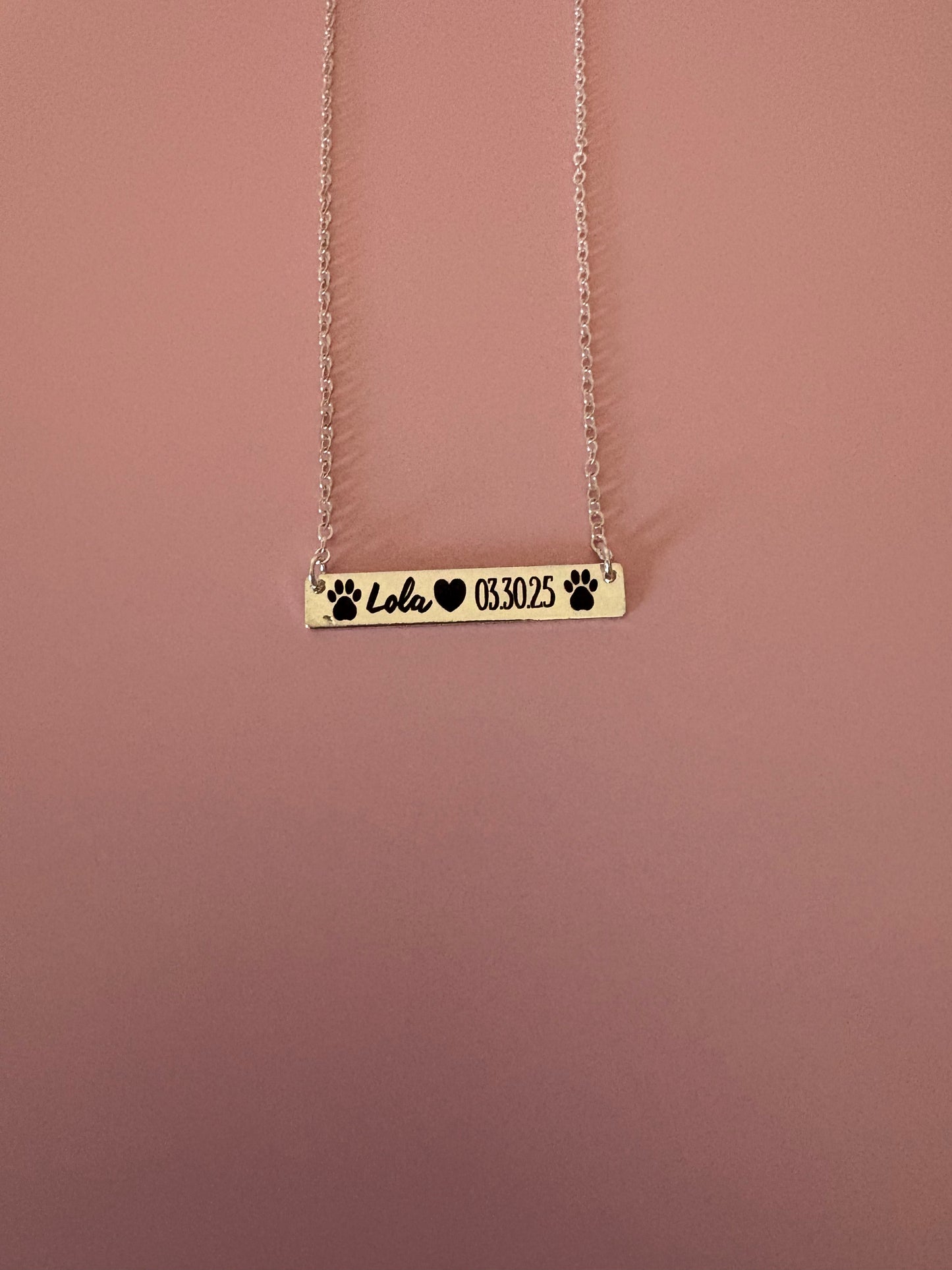 Personalized Pet Name Necklace • Custom Pet Birthday or Adoption Date • Dog Mom Jewelry • Paw Print Bar Necklace • Pet Memorial Gift