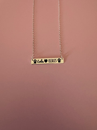 Personalized Pet Name Necklace • Custom Pet Birthday or Adoption Date • Dog Mom Jewelry • Paw Print Bar Necklace • Pet Memorial Gift