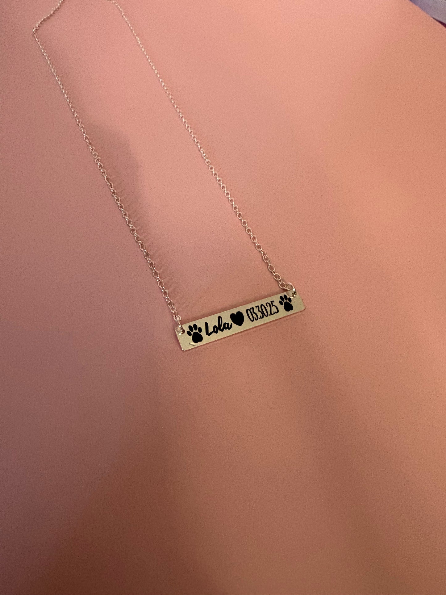 Personalized Pet Name Necklace • Custom Pet Birthday or Adoption Date • Dog Mom Jewelry • Paw Print Bar Necklace • Pet Memorial Gift