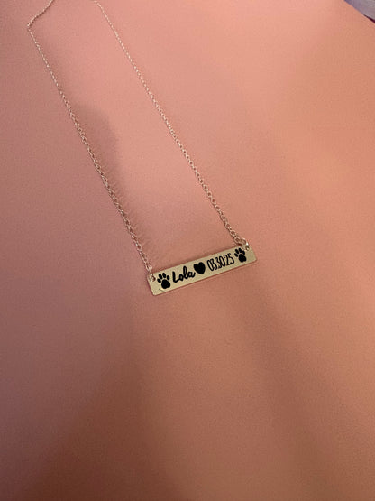 Personalized Pet Name Necklace • Custom Pet Birthday or Adoption Date • Dog Mom Jewelry • Paw Print Bar Necklace • Pet Memorial Gift