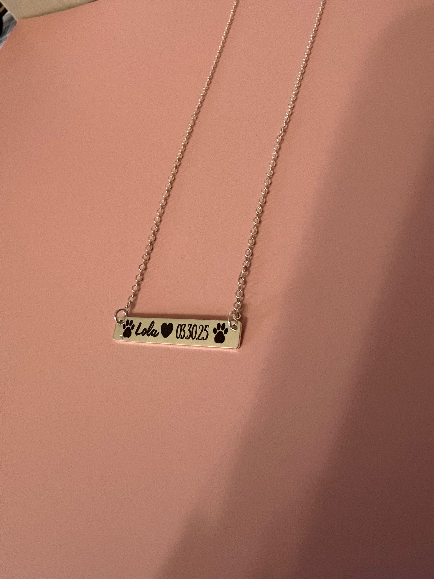 Personalized Pet Name Necklace • Custom Pet Birthday or Adoption Date • Dog Mom Jewelry • Paw Print Bar Necklace • Pet Memorial Gift