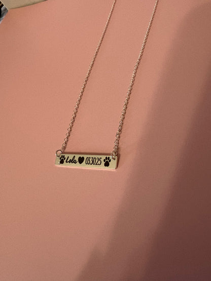 Personalized Pet Name Necklace • Custom Pet Birthday or Adoption Date • Dog Mom Jewelry • Paw Print Bar Necklace • Pet Memorial Gift