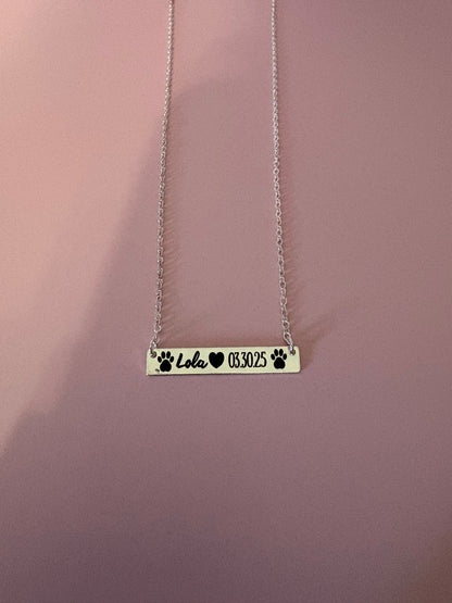 Personalized Pet Name Necklace • Custom Pet Birthday or Adoption Date • Dog Mom Jewelry • Paw Print Bar Necklace • Pet Memorial Gift
